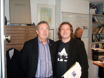 Nick Mason with Alex Day at the launch of Nick's cover art from Pink Floyd's 'Relics' album at St Pauls Gallery on 28 March