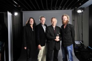 (Left to right) Dave Kilminster, Graham Broad, Snowy White & Harry Waters accepting the award for the Event Of The Year 'The Wall Live Tour' at the Classic Rock Roll Of Honour recently. (Pic thanks to Ellie) 