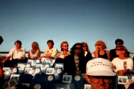 The VIP seats (not to mention the ONLY seats!) at the concert. They were football stadium style seats on a large bleacher that ran down the east side of the field to the right of the stage. Members of the press and media, families of the performers and also some celebrities were seated there. If you look carefully you can see Mike Rutherford (Genises and Mike & The Mechanics) sitting just a few rows behind Tom's seat. Tom said that he was neither press or celebrity. Just a lucky contest winner! But he noticed that he was getting some interesting stares from the other fans there that were not allowed past the barriers into the VIP area.