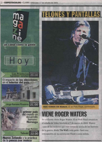 17 Oct 2001 from Clarin, Argentina's largest newspaper. The paper is based in Buenos Aires. With thanks to Richard Mahon