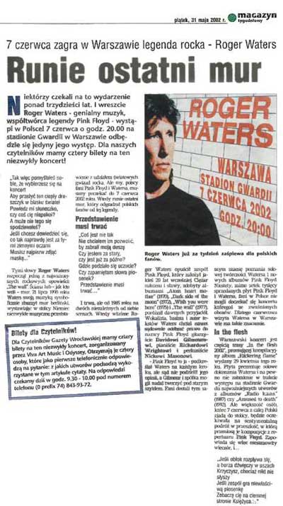 This article is from "Magazyn Tygodniowy" (Week Magazine) Friday, 31 May 2002 The heading "Runie ostatni mur" means "Last wall will collapse"