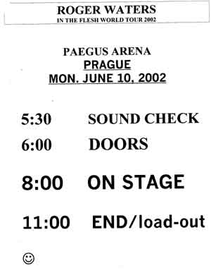 Official show schedule as used by the band. With thanks to John E