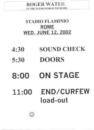 Official show schedule as used by the band. With thanks to John E