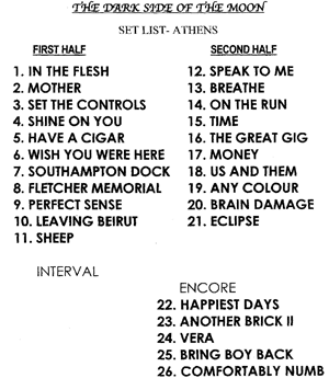 The set list as used by Roger - Thanks to Giannis Kantzios