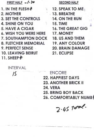  The actual set list as used by Roger. With thanks to Torsten